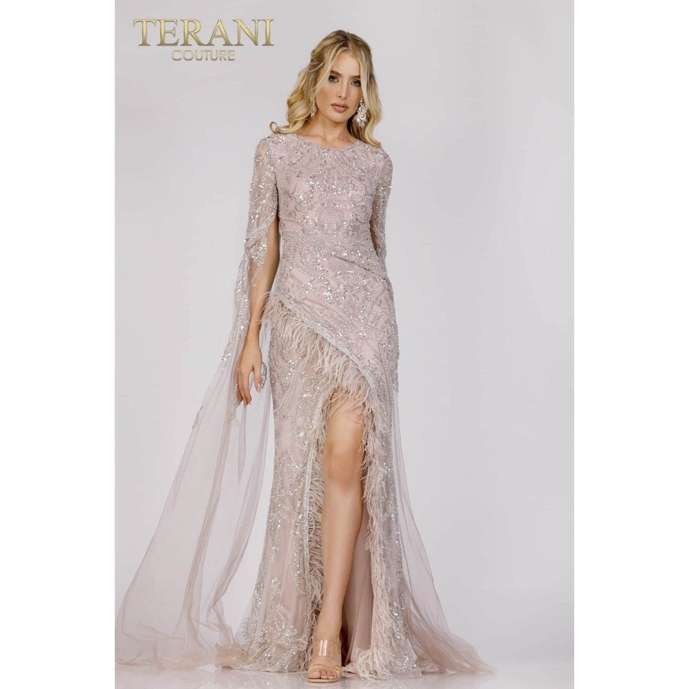Terani Couture 231E0494 - Beaded Cape Sleeve Evening Gown Feather‎ Trim Sz 4 NEW